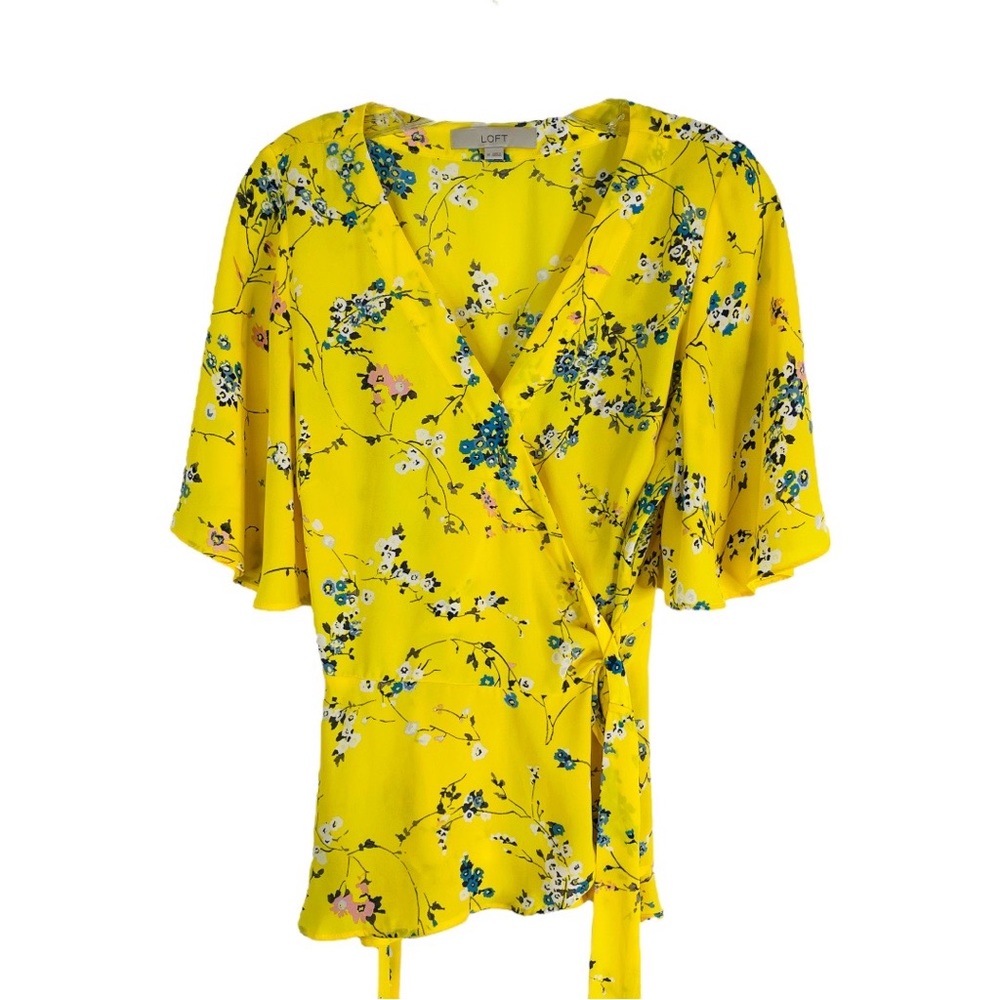 Loft yellow white floral chiffon cottagecore wrap top blouse medium